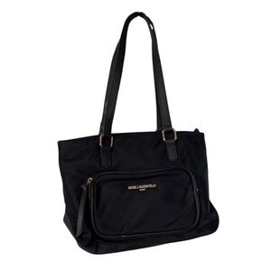 Karl Lagerfeld Paris Black Nylon‎ Leather Trim Tote Bag Gold Logo